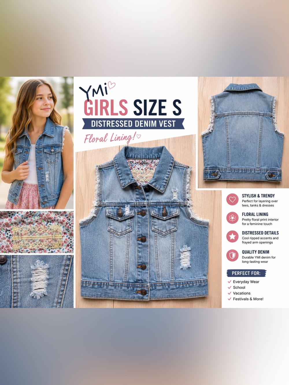 Girls Size S Distressed Denim Vest Floral Lined Sleeveless Jean Jacket Medium